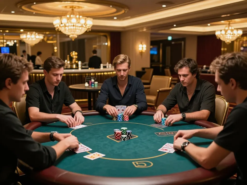 High stakes poker action at five88, players strategizing with cards and colorful chips.