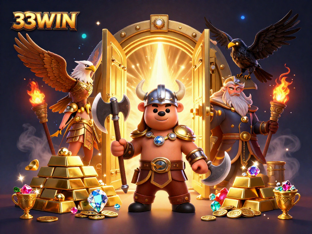Experience the thrill of 33WIN's gaming adventure with Viking and Valkyrie amidst golden treasures.
