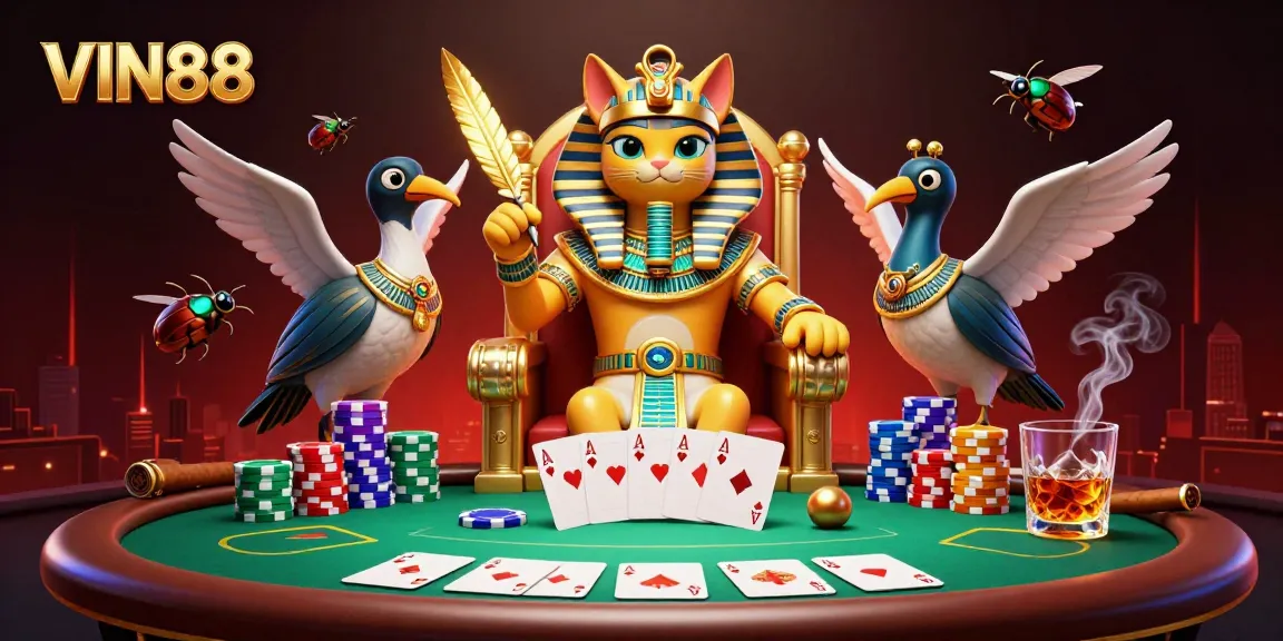 Play thrilling games at VIN88, featuring an Egyptian pharaoh cat in a rich casino setting.