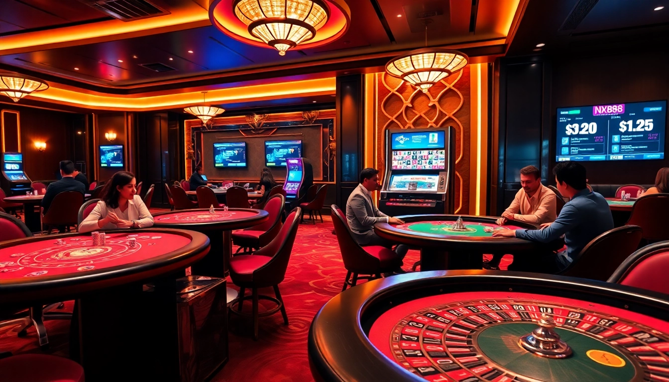 Players enjoying engaging games at NK88's luxurious casino gaming lounge.
