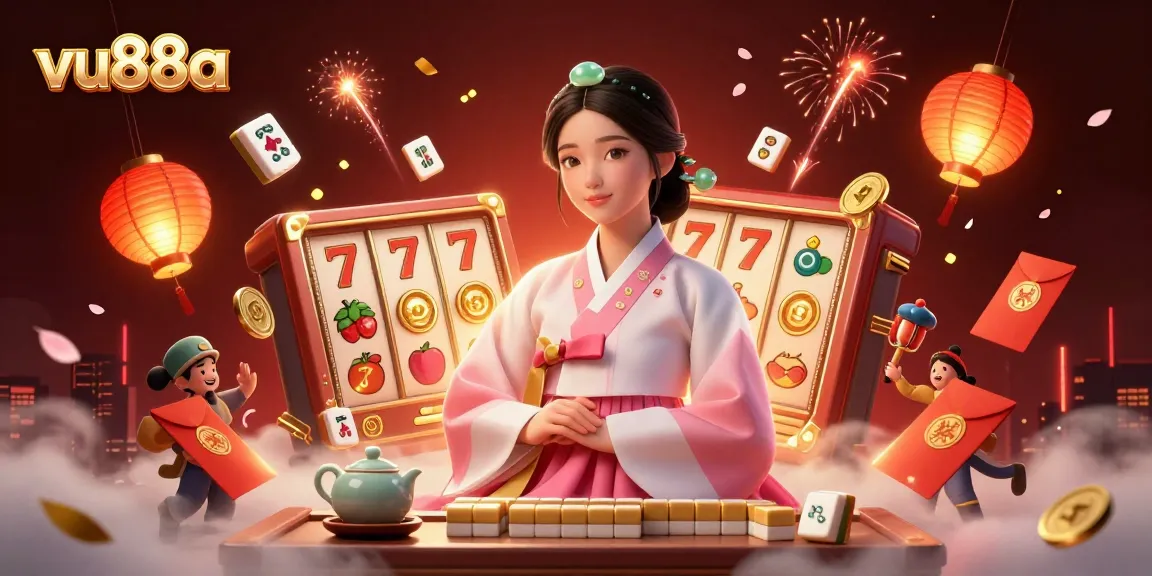 Play slots and win big at vu88a with vibrant casino-themed illustration featuring a serene figure.