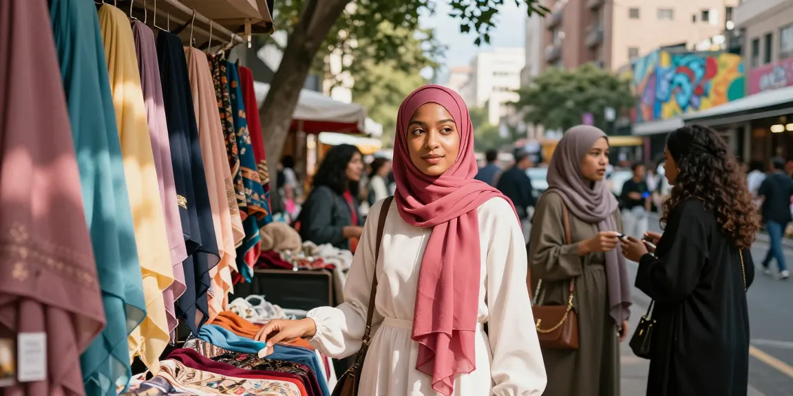 Colorful hijab store scene with stylish Muslim woman selecting vibrant hijabs in lively urban market.