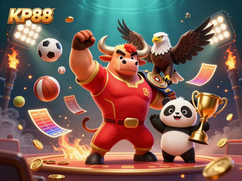 Celebrate wins with KP88 as the bull mascot, eagle, and panda enjoy a vibrant casino atmosphere.