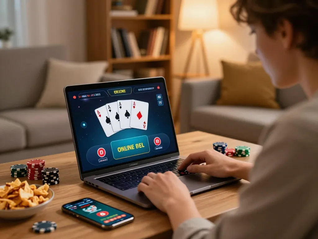cm88 player engaging in online poker at home, showcasing strategic gameplay with cozy ambiance.
