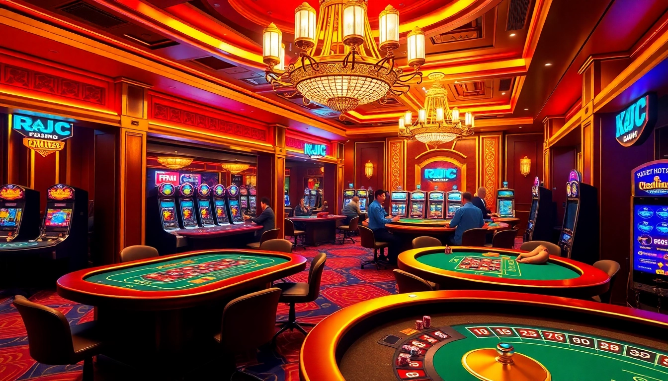 KJC branded casino floor filled with gambling tables, poker chips, and excited players.