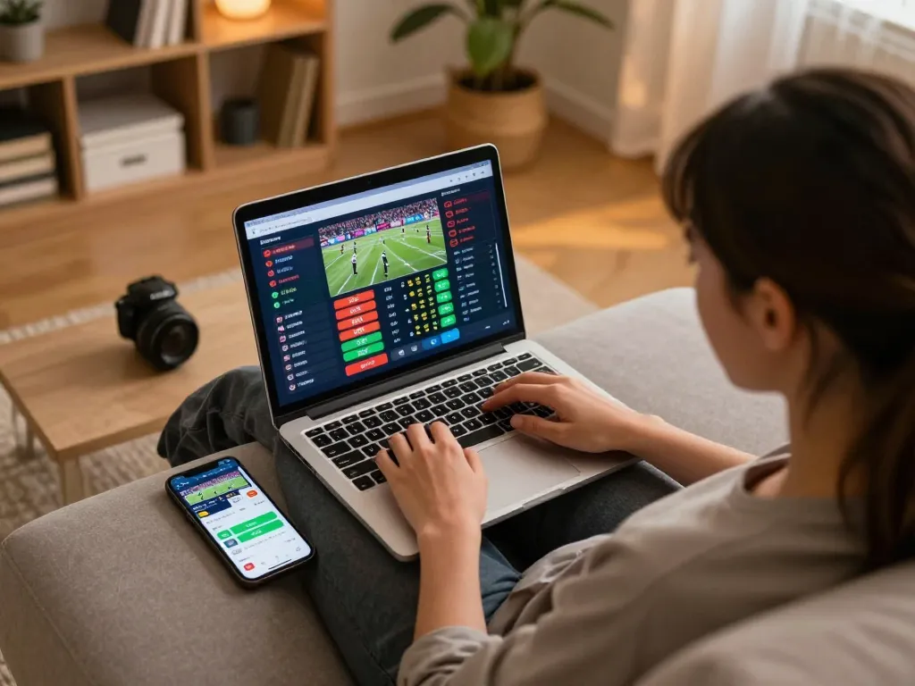 Engaging in live sports betting at home using hbet app on laptop while relaxing on couch.