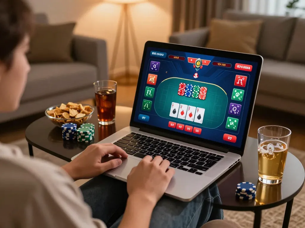 Engaging in an online poker game at home with Hit Club interface on the laptop, emphasizing strategy and fun.