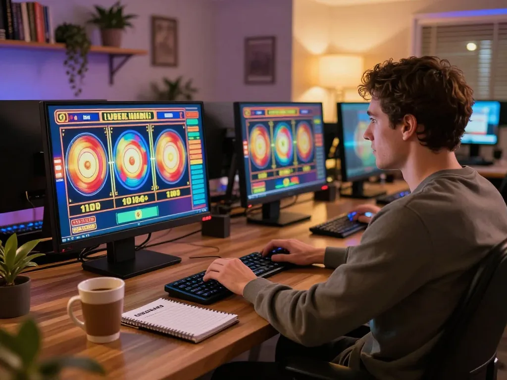 Engaged gamer exploring online slots at GG88, showcasing vibrant screen and cozy gaming setup.