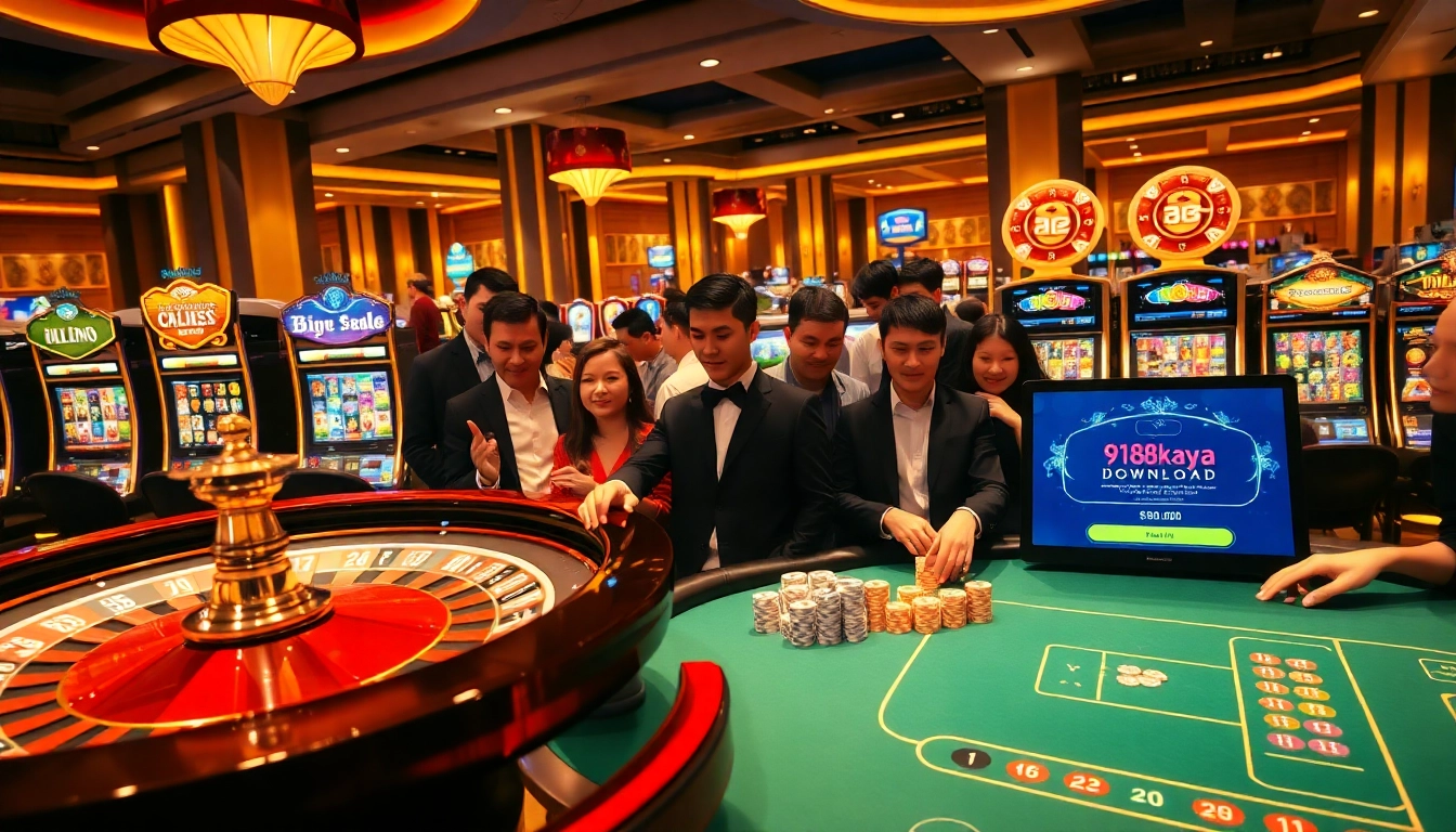 Experience the excitement of 918kaya Download at a luxurious casino with vibrant gaming tables.