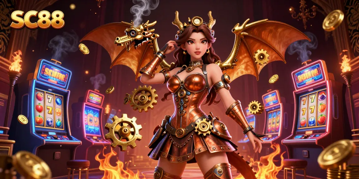 Engage in the excitement of SC88 slot games with a stunning steampunk-themed 3D casino illustration.