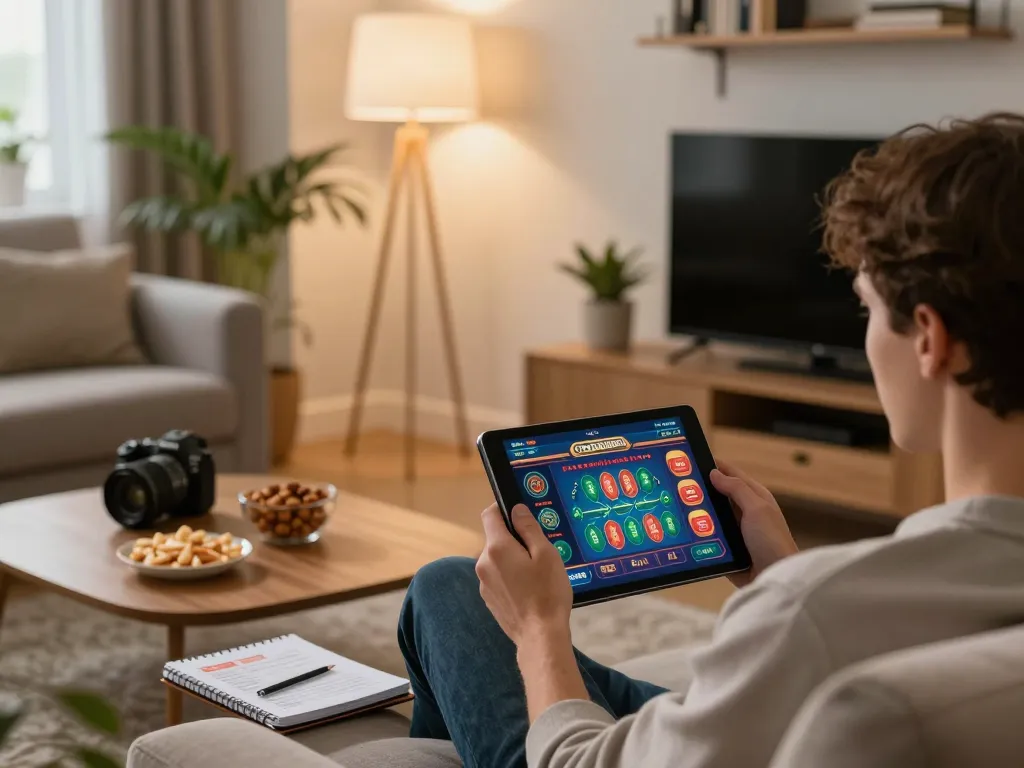 Person enjoying online gaming experience with Nhà cái ko66 interface, showcasing strategic approach in cozy living room