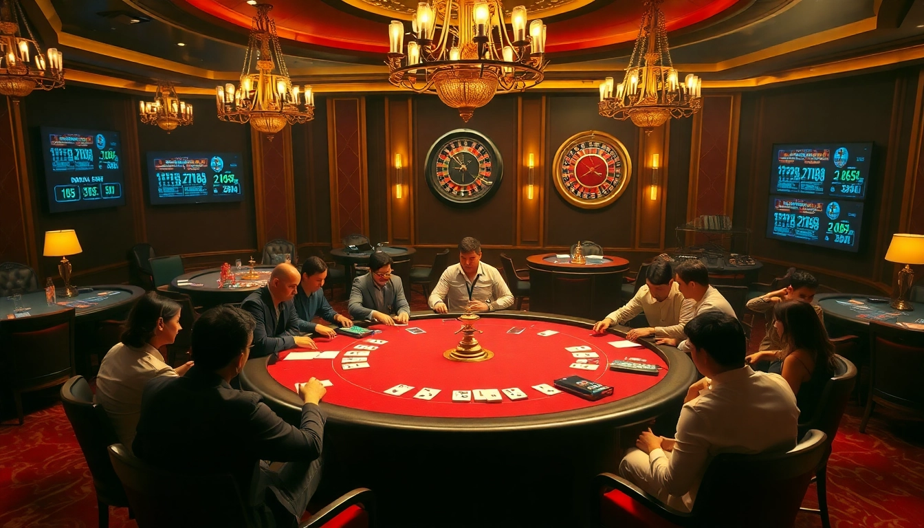 Soi cầu xsmb displayed in a luxurious casino scene with players at a poker table.