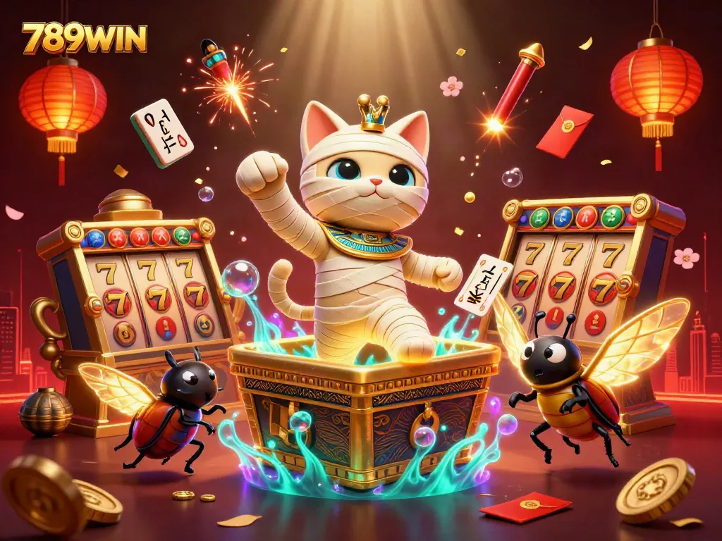 Engage with the thrilling world of 789WIN, featuring a mummy cat in an ancient casino setting with vibrant game elements.