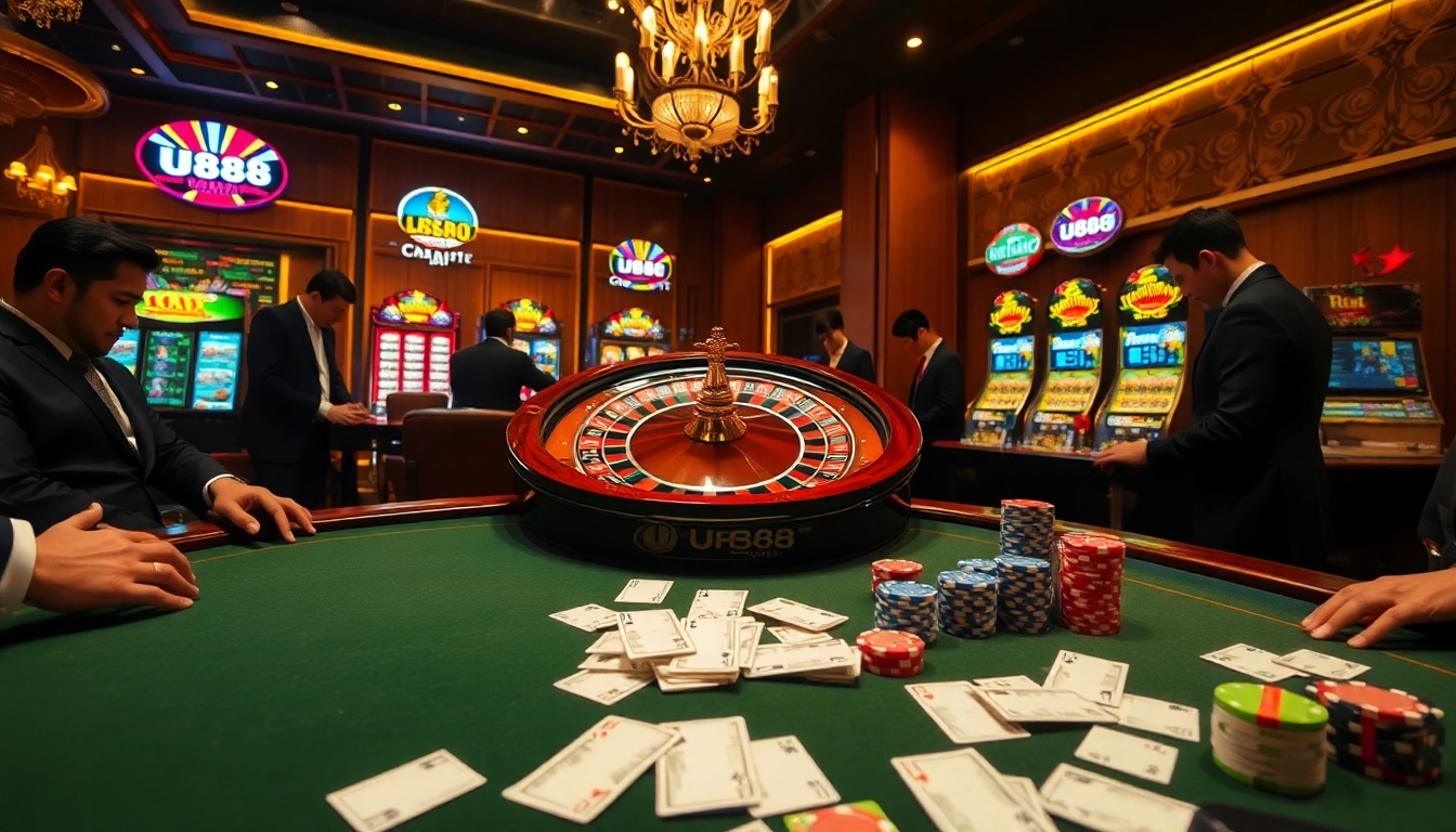 Players engage in thrilling games at U888's luxurious casino, showcasing poker chips and a roulette wheel.