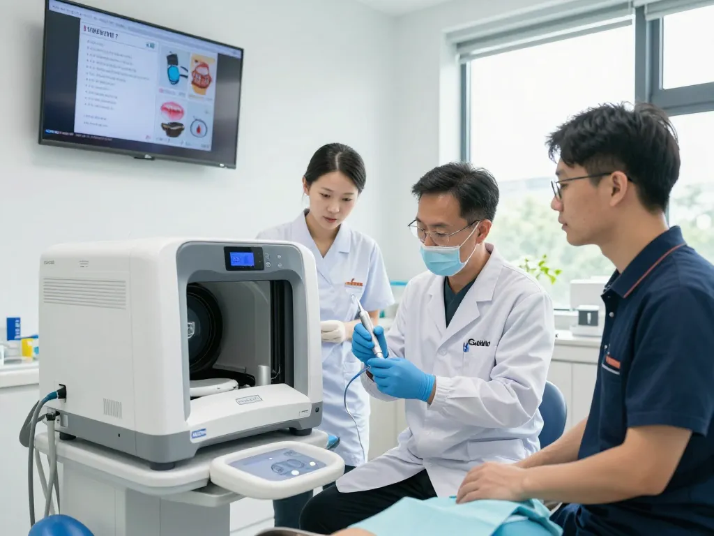 Dental reviews in action with dentist reviewing advanced equipment in modern dental clinic.