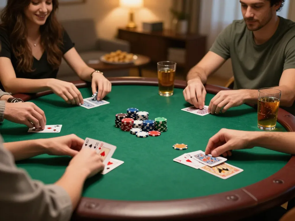 Friends enjoying a lively poker game at home, showcasing mb66 strategy and entertainment.