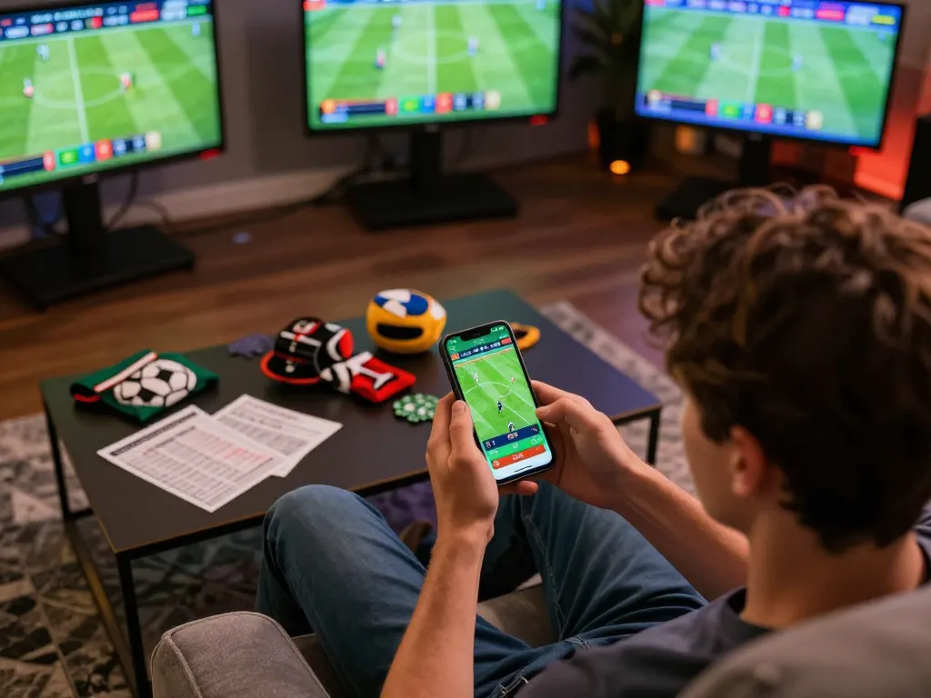 Engaging in live sports betting on sunwintop app, vibrant atmosphere with multiple screens and betting slips