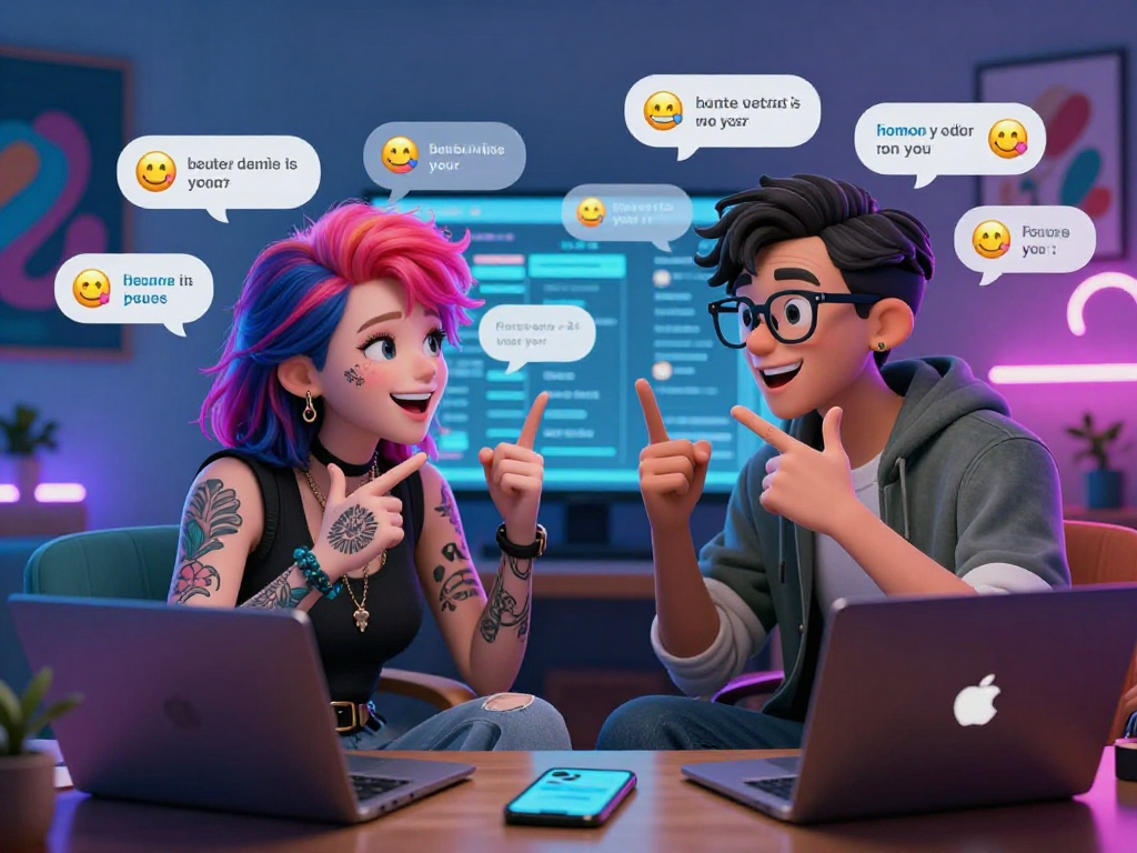 Engaging virtual avatars in a porn chat ai conversation within a colorful digital space.