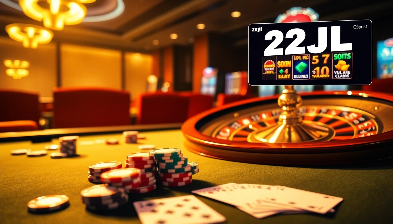 Experience the thrill of gaming at 22JL's luxurious casino table with vibrant poker chips and cards.