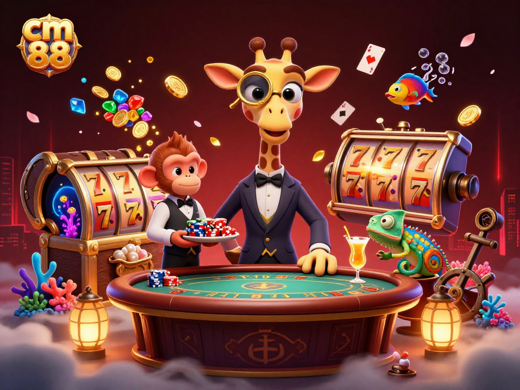 Experience exciting gameplay at cm 88 with a vibrant scene of a giraffe, monkey, and chameleon amidst casino slots.