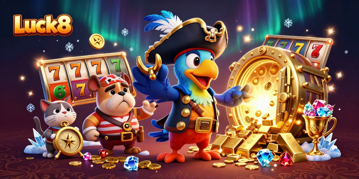 Luck8 slot reels and a pirate crew gather treasures in an exciting casino scene.