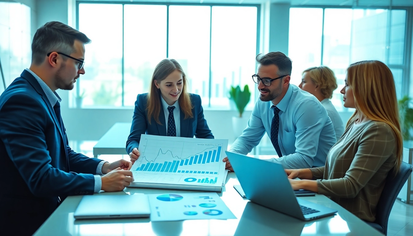 Quickplus Business Consultants collaborating in a dynamic office environment with data analysis.
