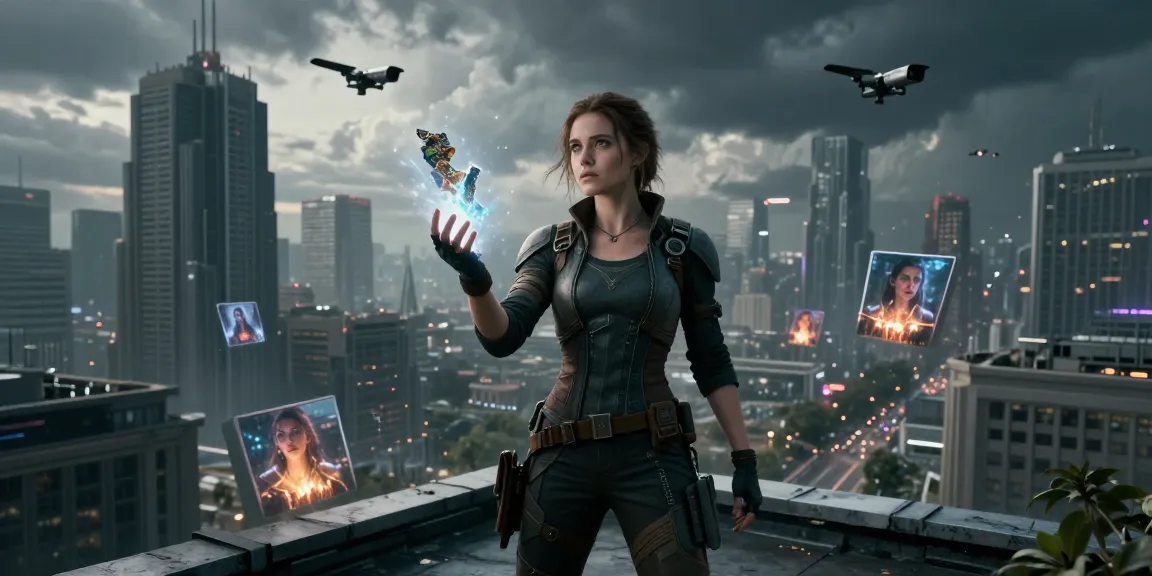 Emma Thorne symbolizing chosen one sci-fi rebellion against government conspiracy in a futuristic city.