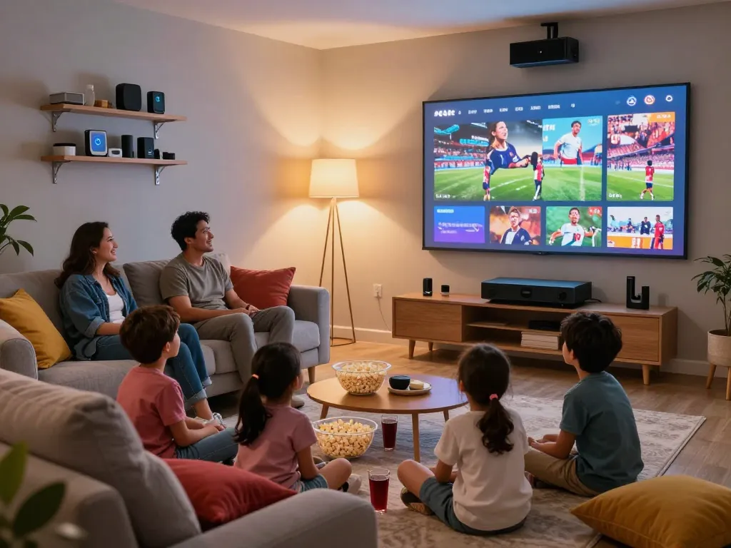 Family enjoying IPTV content together at home, iptv kaufen for 4K streaming.