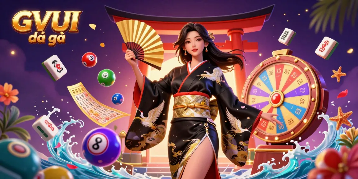 Experience the exciting action of GVUI đá gà with a vibrant 3D illustration of a woman in a modern kimono amidst casino elements.