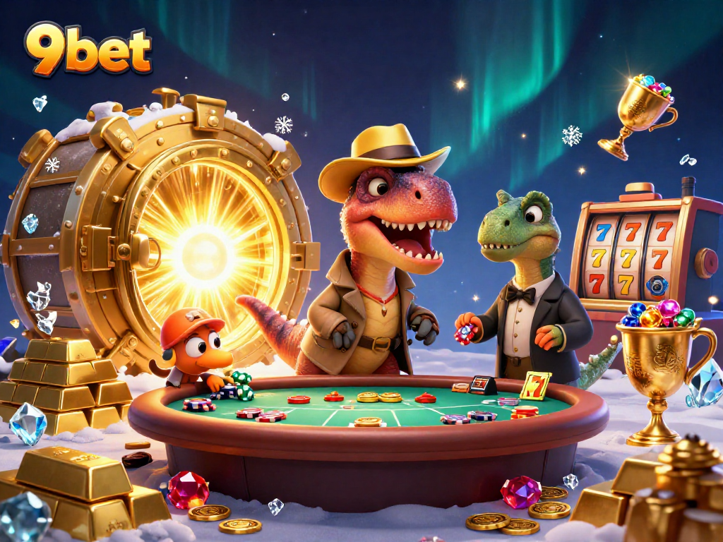 9bet showcases a 3D velociraptor card counter at a dynamic blackjack table surrounded by treasures and action.