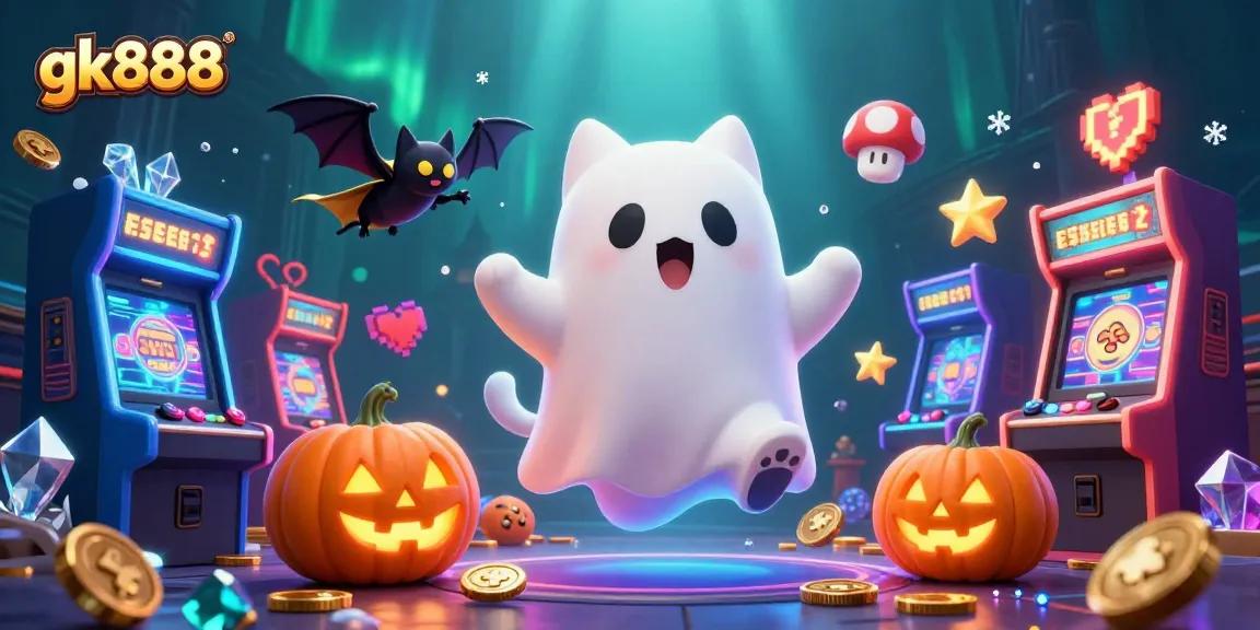 Engage in thrilling fun with gk888's vibrant haunted casino scene featuring a ghost cat.