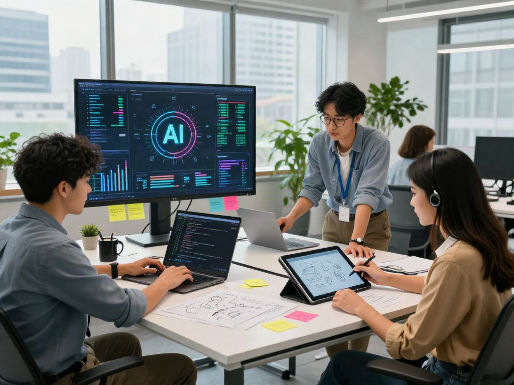 Collaborative tech workspace scene focusing on ai 18+ development, featuring diverse professionals engaged in project discussions and innovation.