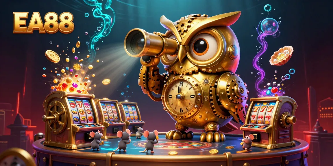 Engage in the EA88 casino experience with cartoon owl and lively slot machines in action.