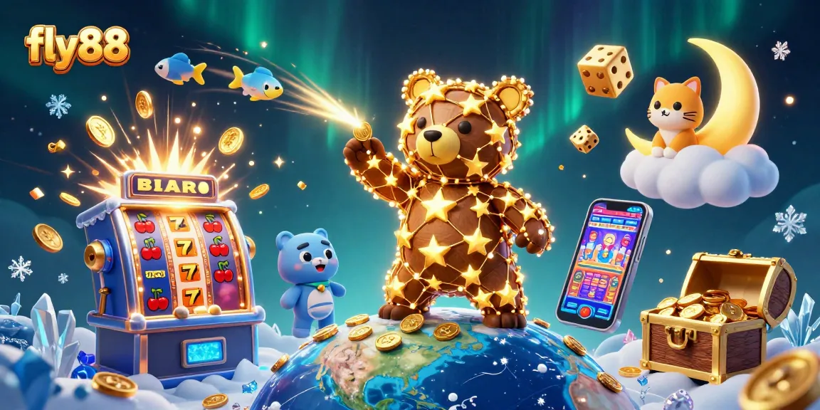 Experience the excitement of fly88 casino with a vibrant 3D illustration showcasing jackpot symbols and game characters.