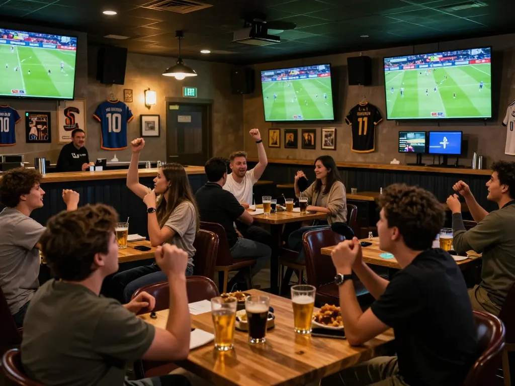 SOCOLIVE fans cheering during live soccer matches at a vibrant sports bar with multiple screens