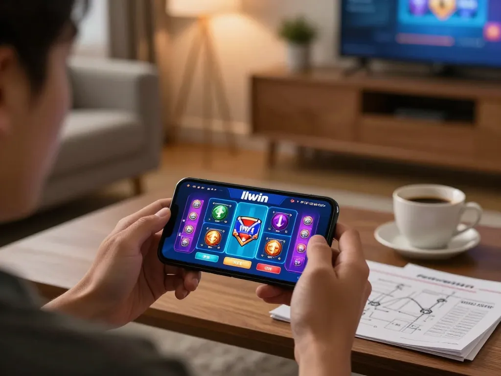 Engaged player enjoying llwin casino app on smartphone, showcasing mobile gaming experience