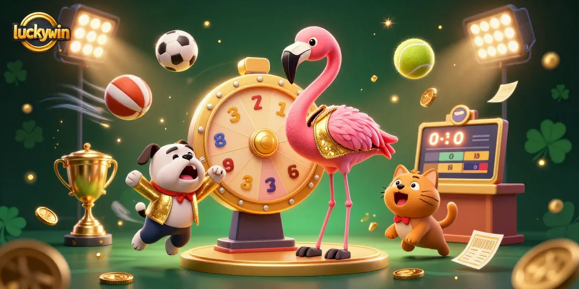 Experience the excitement of luckywin with a dynamic scene featuring a game show host, excited contestant, and scoreboard assistant.