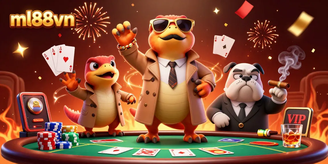 Three raptors in a trench coat under the name ml88vn enter a casino with poker elements and confetti.