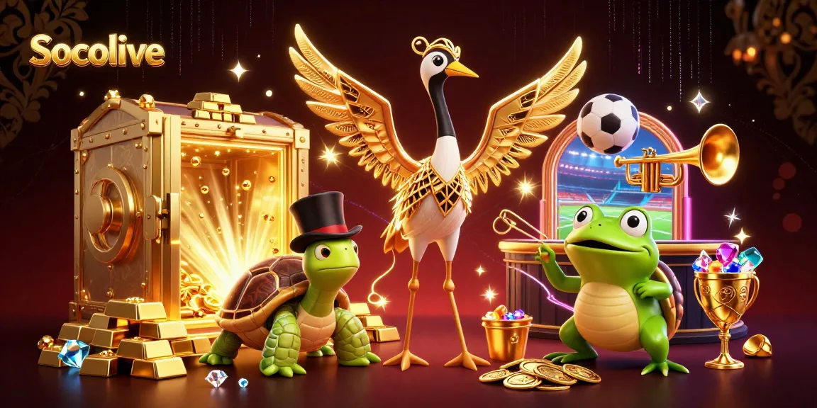 Socolive streams live soccer matches, showcasing vibrant 3D elements like characters, gold treasures, and festive energy.