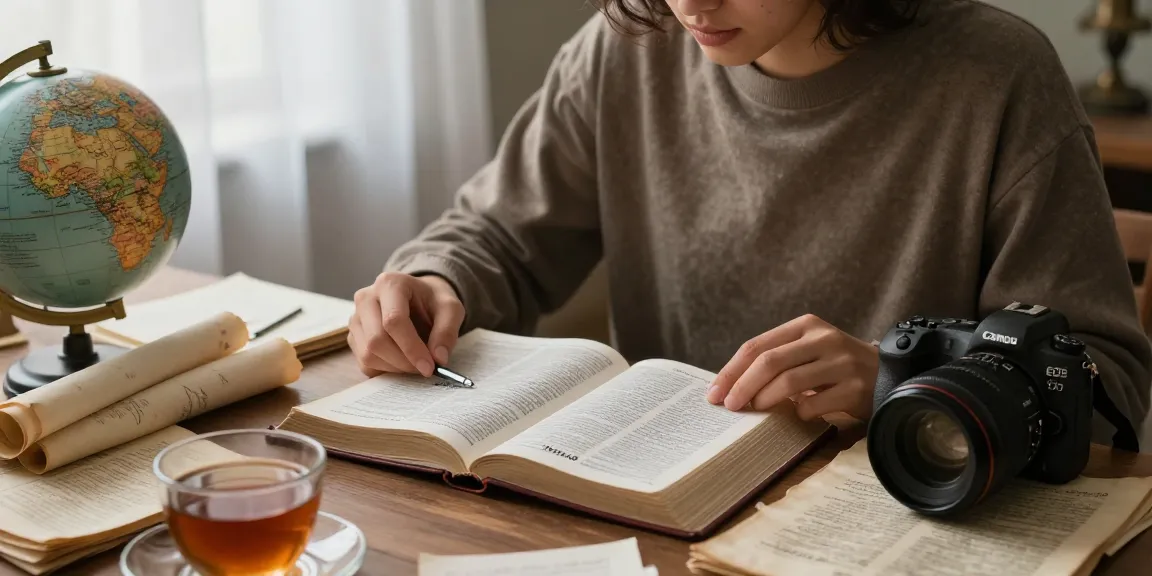 Person studying the Beast in Revelation with open Bible, notes, and artifacts in a cozy study.