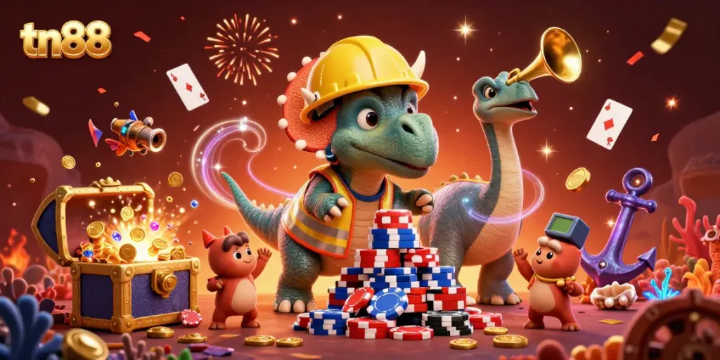 Build your jackpot with tn88, as playful dinosaurs create a casino paradise under sparkling gems.