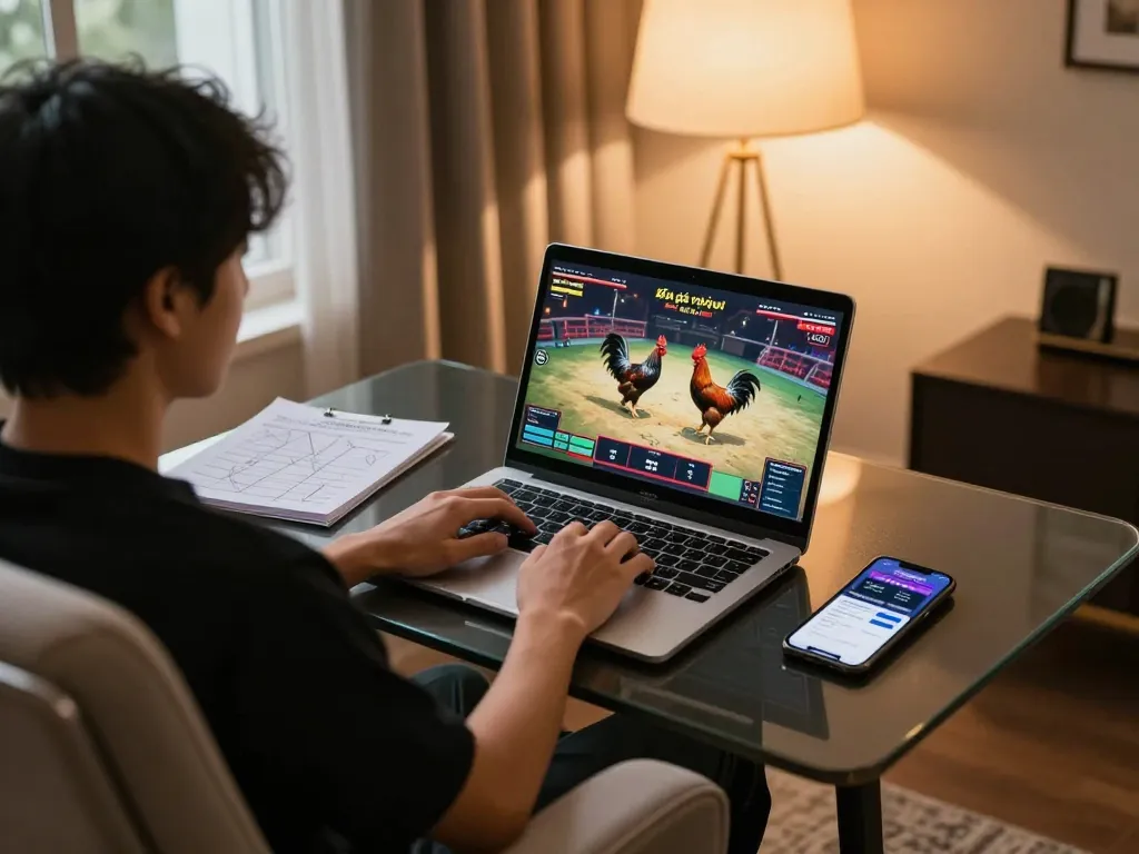 Engaging in Đá gà trực tiếp with live streaming and strategic notes in a cozy home setting.