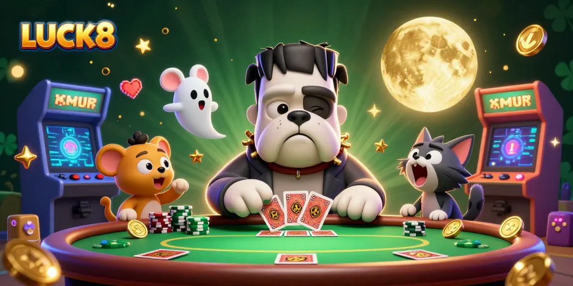 Experience the excitement of LUCK8 poker with a Frankenstein bulldog dealer and ghostly characters in vibrant casino atmosphere.