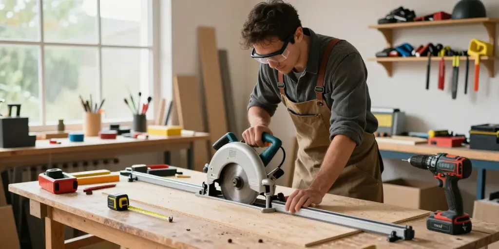Circular saw guide rail assisting a carpenter with precise cuts in a well-lit workshop.
