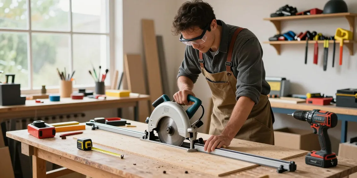 Circular saw guide rail assisting a carpenter with precise cuts in a well-lit workshop.