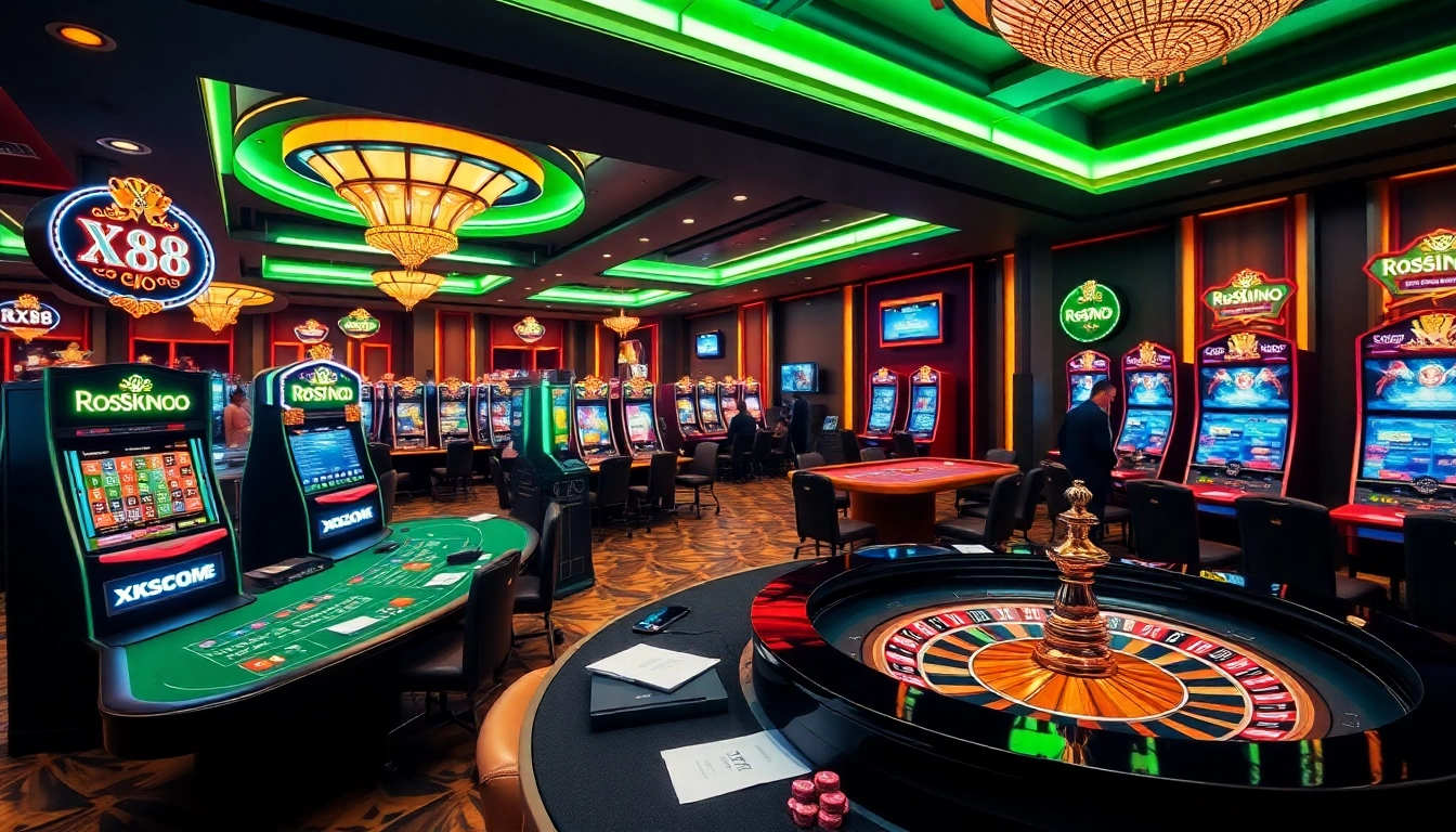 Players enjoying games at XX88 COM online casino with vibrant gaming tables and slot machines.