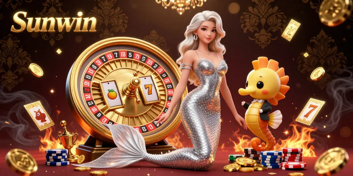 Experience the thrill of Sunwin with a vibrant 3D casino scene featuring roulette wheel and exciting game elements.
