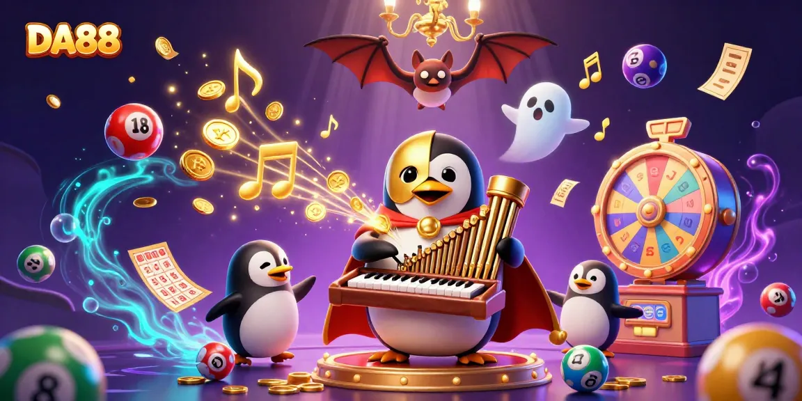 Engage with DA88 as the phantom opera penguin plays a golden organ amidst a vibrant casino scene filled with action.