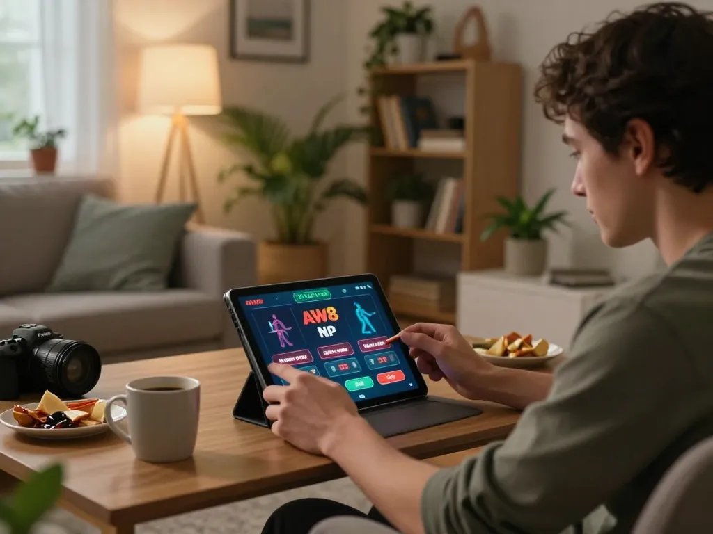 Player using the aw8 np app for online gambling in a cozy home environment