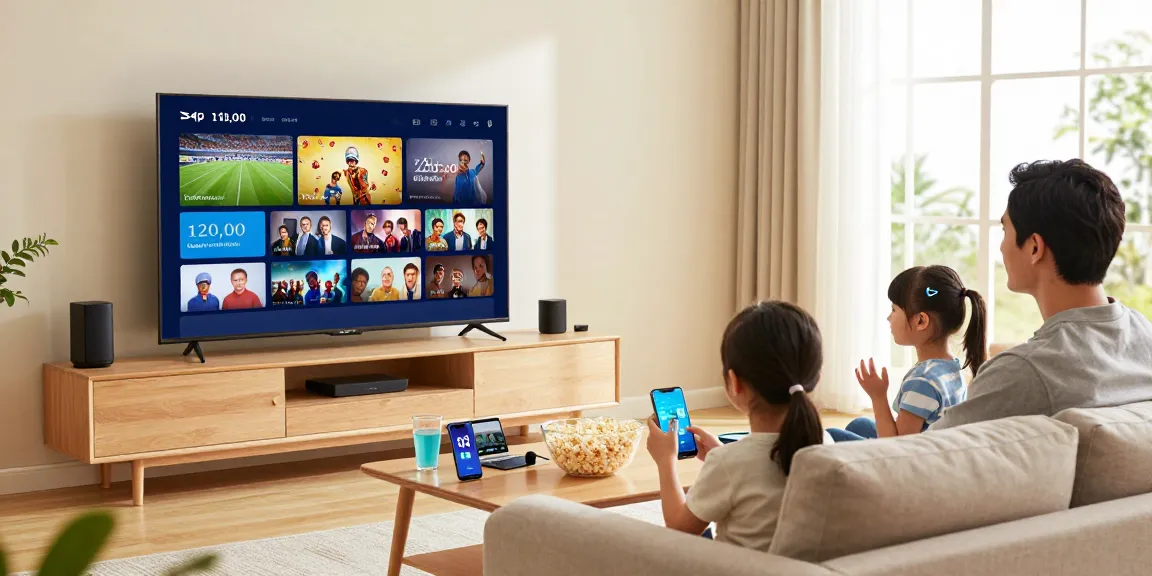 Family enjoying IPTV streaming from iptv-aanbieders.com in a cozy living room setting with multiple devices.